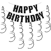 Black Happy Birthday Banner Decorations with Metallic Hanging Swirl Black Glitter Birthday Party Banner Sign Decor for Women Men Girl Boy Party Supplies