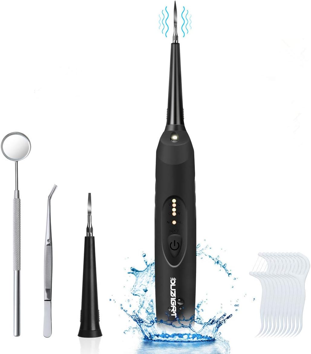 Plaque Remover for Teeth, OUZIGRT 5-1 Teeth Cleaning Kit for Dental Calculus, Tartar, Teeth Stains, Plaque Removal, 3 Adjustable Modes, Black