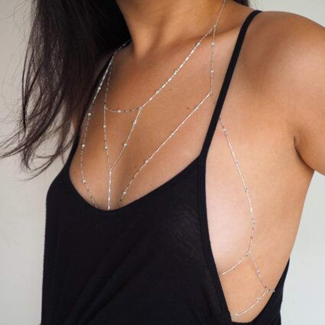 Asooll Sexy Crossover Bra Body Chain Silver Beach Bikini Beaded Body Harness Chain Fashion Jewelry Charm for Women and Girls
