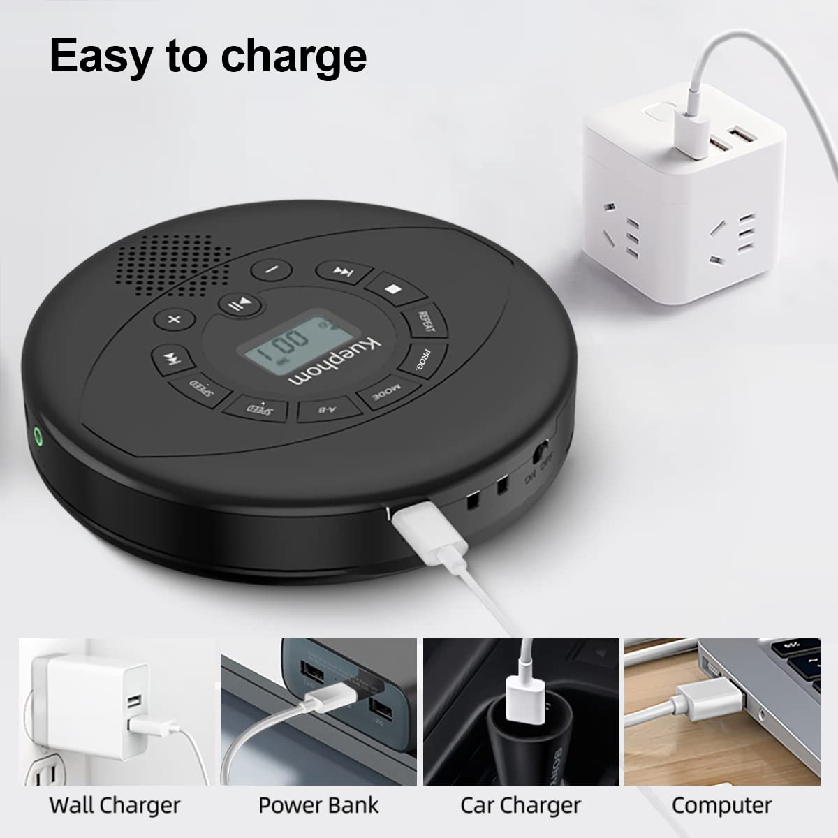 CD Player Portable,Discman Rechargeable,Walkman CD Player with Speaker, Headphones,CD-R,MP3 USB playable,Anti Skip CD Playing for car,Suitable for Personal or Multi-Users,Black