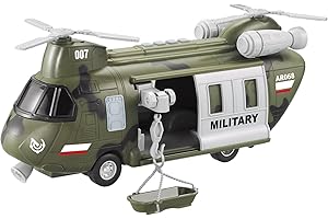 Vokodo Army Military Helicopter 11" with Lights & Sounds Push and Go Tandem Rotor with Rescue Basket Toy Friction Powered Kids Soldier Transport Copter Truck Pretend Play Toys for Ages 3 4 5 6 Boys