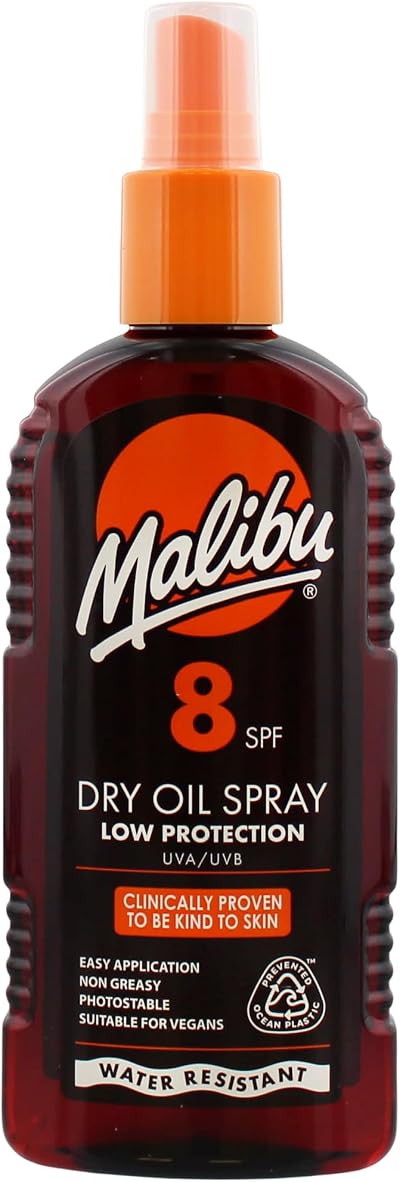 Malibu Sun SPF 8 Dry Oil Spray Tanning Shea Butter Moisturising Body Mist 200ml