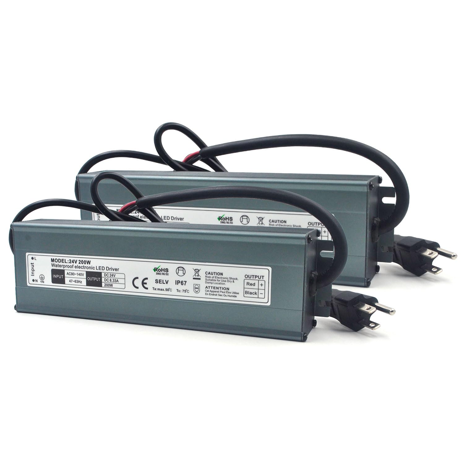 Photo 1 of 2 Pack LED Driver 24V 200W Waterproof IP67 Power Supply Transformer, 90-140V AC to 24V DC Low Voltage Output, LED Transformer with 3-Prong Plug Cable for LED Light, Computer Project, Outdoor Light