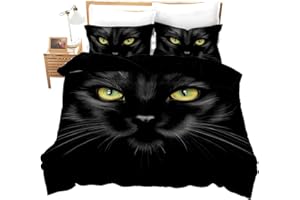 Erosebridal Animal Duvet Cover Queen Size Pet Cat Comforter Set Black Cat with Yellow Eyes Printed Bedding Set for Girls Boys, Bed Decor 3 Pcs with 2 Pillowcases, Zipper Closure