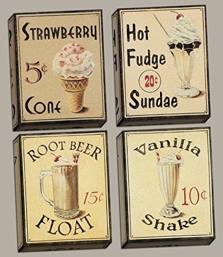 PosterArtNow Set of 4 Vintage Soda Shop 11x14 Stretched Canvas Art Pieces, Hot Fudge Sunday, Milk Shake, Root Beer Float