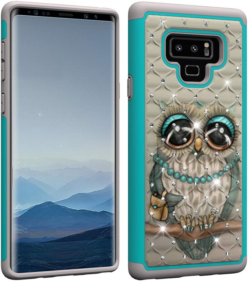Aiyze Compatible Samsung Galaxy Note 9 Case [Heavy Duty] Tough Dual Layer 2 in 1 Rugged Rubber Hybrid Hard Plastic Soft TPU Impact Back Protective Cover Coloured Drawing with Bling Diamond - Grey Cat