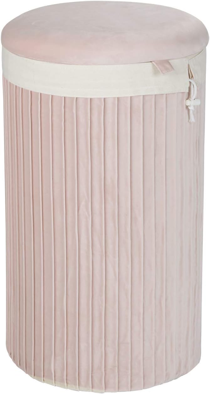 Inspire Me! Home Décor Lydia Round, Pleated Blush Pink Soft Velvet Removable Washable Bag, 14 Dia x 24 in, Gorgeous and Classy Laundry or Storage Hamper