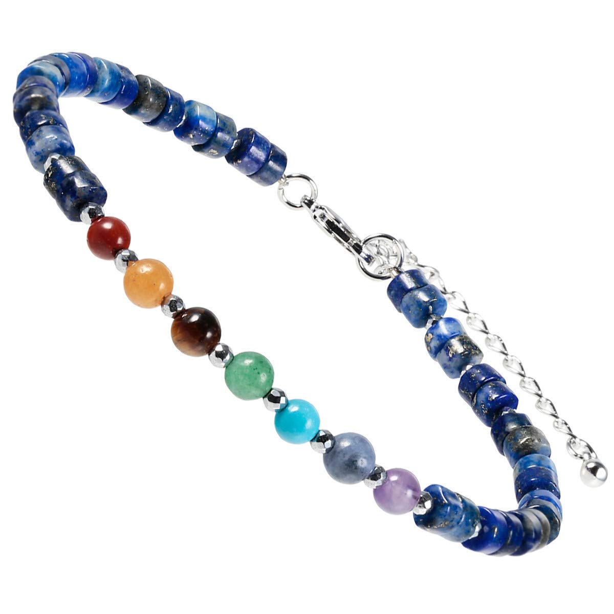 mookaitedecor 7 Chakra Healing Crystal Stone Bracelet for Women Men, Colourful Lapis Lazuli Crystal Flat Beads Bracelet Blue Semi Precious Gemstone Stone Jewellery Adjustable Yoga Reiki Link Bangle โ image 1