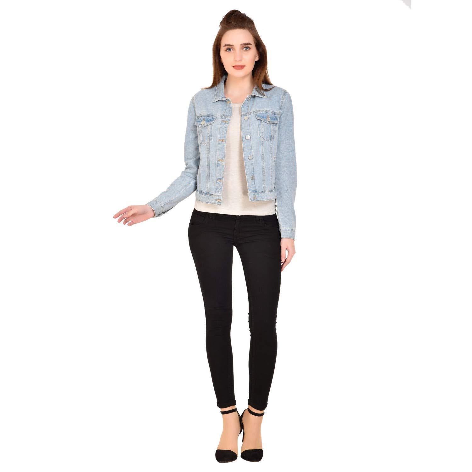 mansicollections full sleeve light blue denim jacket for women