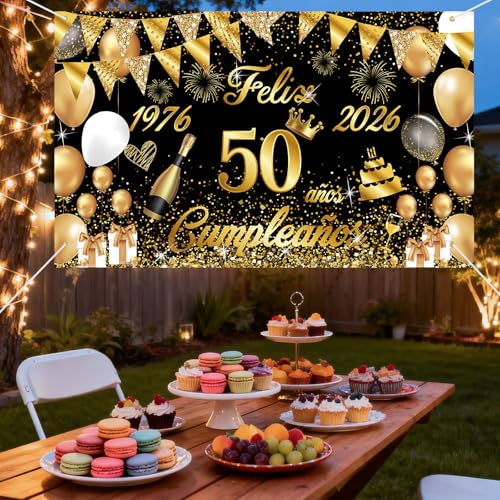 Happy 50th Birthday Banner 1976-2026, Seutgjie Happy Birthday Decoration for Women Men for 50th Birthday Party Black Gold 180 x 110 cm