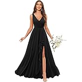 Mmufk Bridesmaid Dresses with Slit Pockets Chiffon V-Neck Ruffles Ruched A-Line Empire Waist Long Wedding Guest Dress