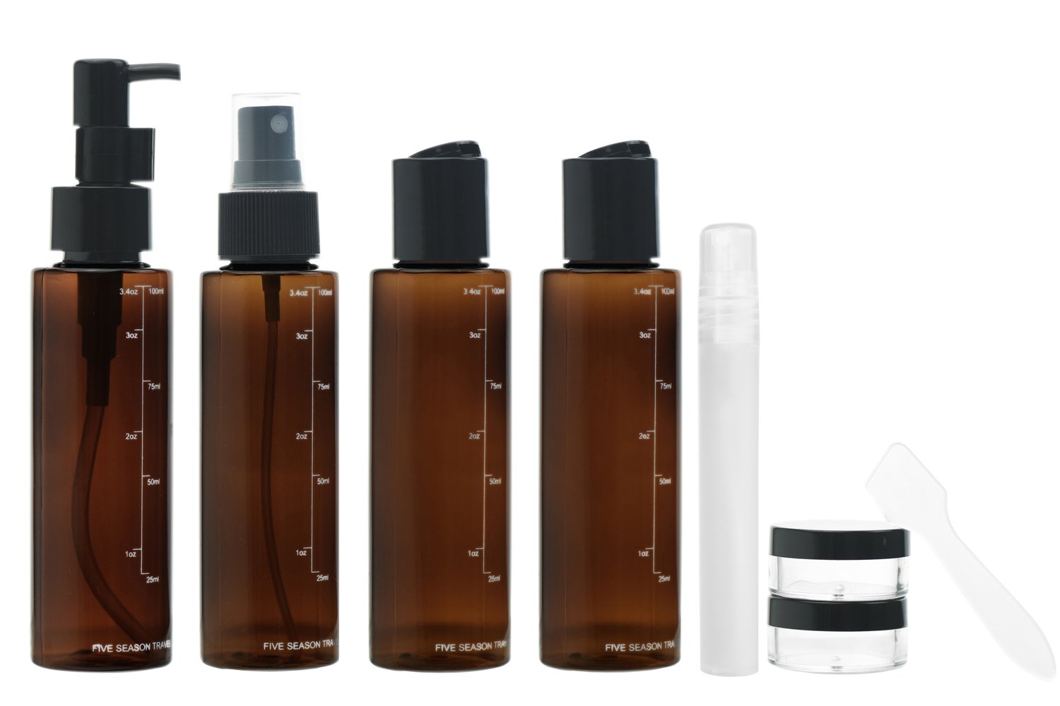 FiveSeasonStuff 3.5 fl oz (100ml) Travel Size Toiletries Leakproof Containers with Bag and Labels (Brown & Black) Travel Bottles Set 9 Piece