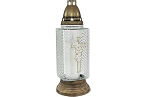 Cemetery Memorial Candle - Gravesite Remembrance Decoration - Unique Traditional Decorative White Glass Candle with Gold Cros