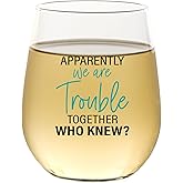 We Are Trouble Together - Funny Wine Glass for Women, Best Friend Gift For Women, Funny Gifts for Her, Unique Birthday Present for Girlfriend, Sister, BFF, Bestie, 15oz Stemless Wine Glass