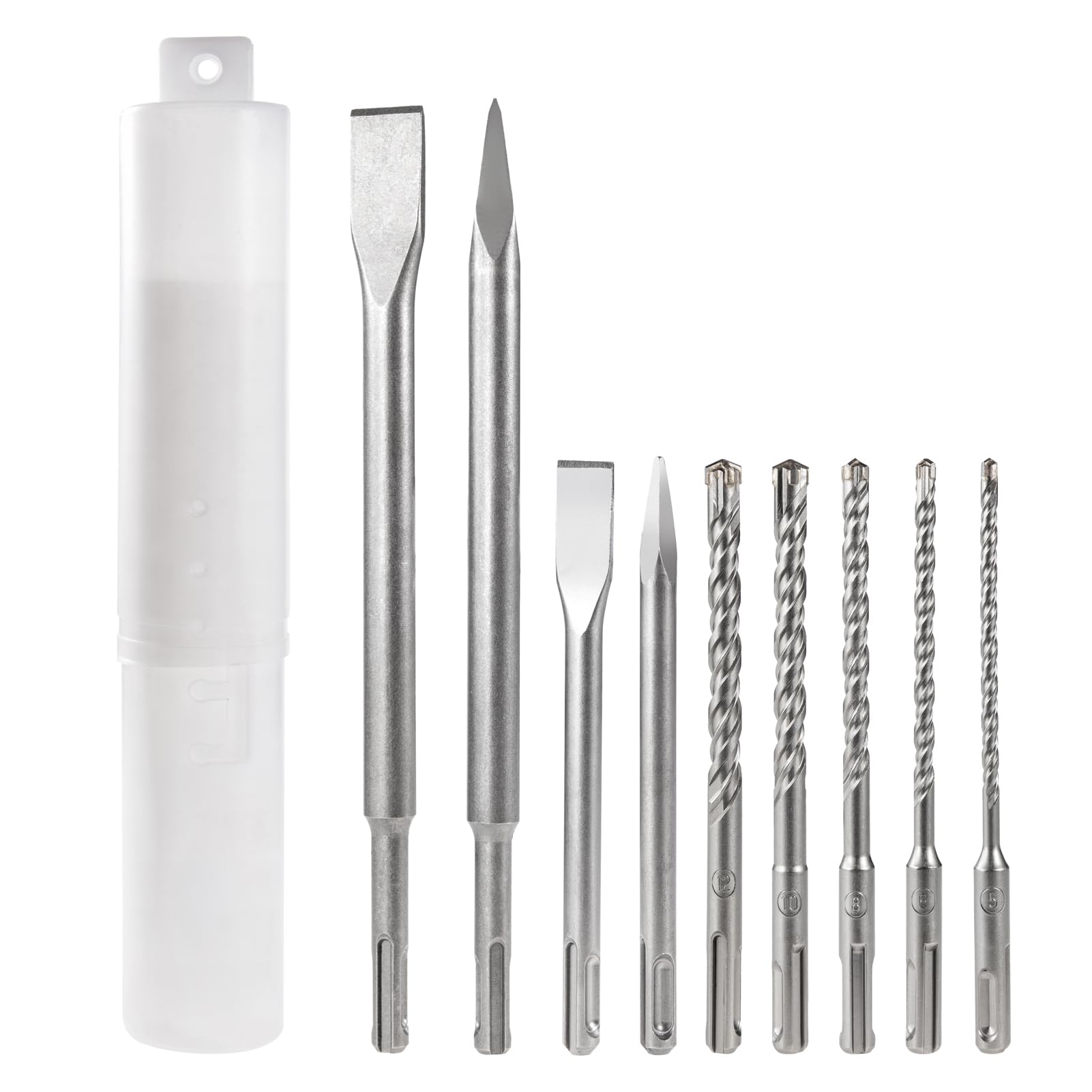 HPMAISON 9Pcs SDS-Plus Hammer Drill Bit Set, Includes 5 SDS-Plus Hammer Drill Bit, 2 Flat Chisel, 2 Point Chisel, Carbide-Tipped Masonry Bit Set for Concrete, Brick, Cement, Stone — image 1