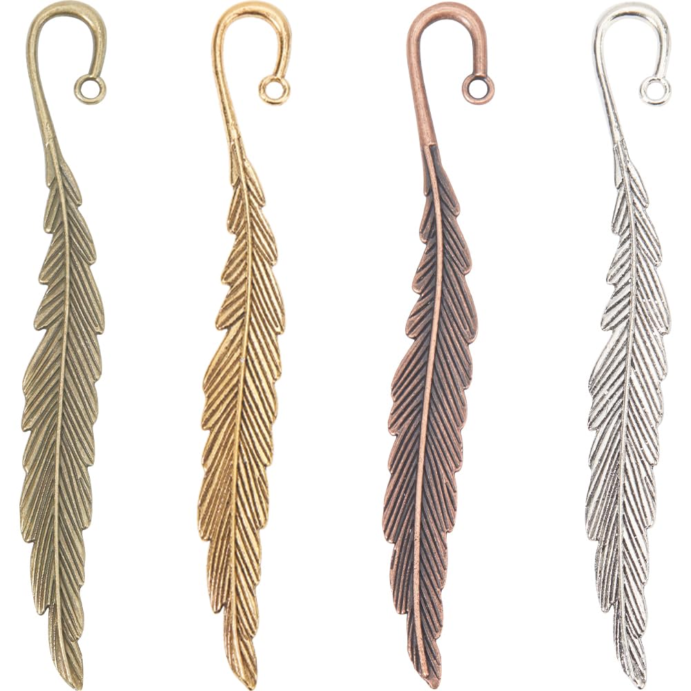 SUNNYCLUE 8Pcs Silver Feather Bookmarks Hook Bookmark Bulk Alloy Leaf Tibetan Style Gold Bronze Metal Book Mark with Loop Vintage Retro Bookmark Findings for Crafts Book Reading Teacher Student Gift