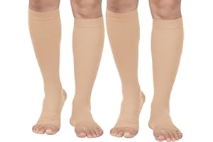MGANG® 20-30 mmHg Compression Stockings for Men and Women, 2 Pairs Medical Compression Socks, Knee High Length, Open Toe, Opaque, Support Hose for Varicose Veins, Oedema, Swelling, Beige X-Large