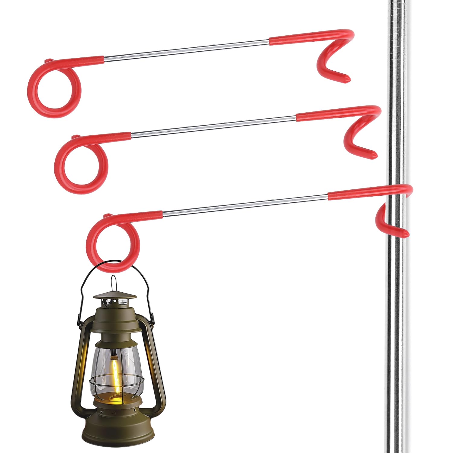 3 Pcs Lantern Stand Hook, Heavy Duty Stainless Steel Camping Hooks Hanger Light Pole Lanterns Stand Tent Camping Accessories Tent Pole Hook Lanterns Holder Hanger Clips for Grill, Hiking