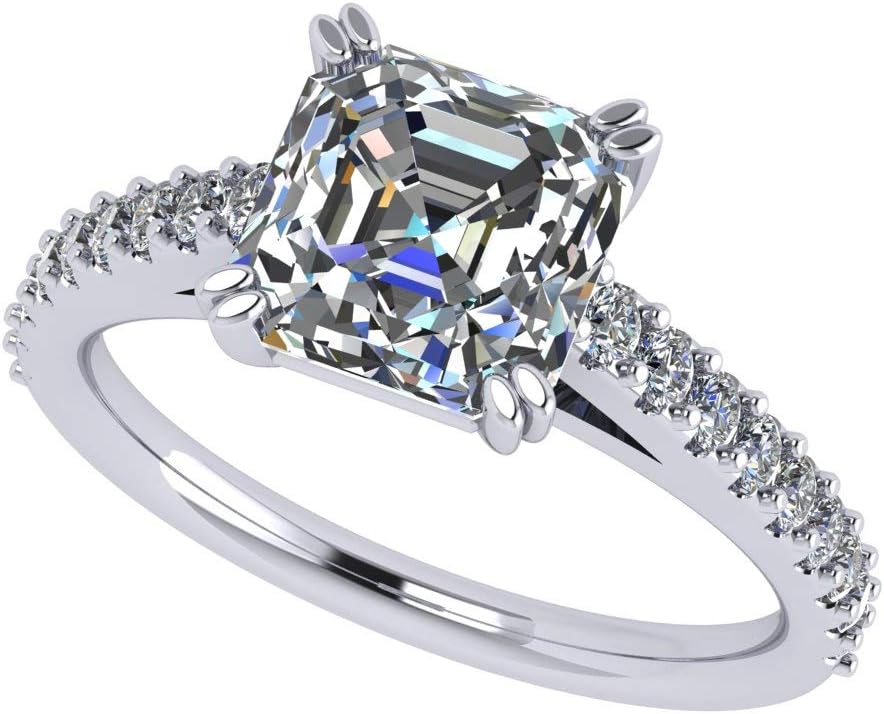 2.00ct Asscher Cut Cathedral Solitaire Engagement Ring, Swarovski Zirconia-Silver-Rhodium Plated-Size 7.5