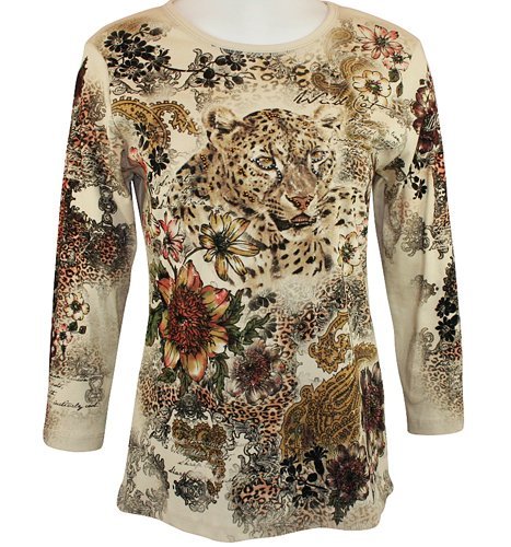 Cactus Fashion 3/4 Sleeve, Scoop Neck, Rhinestones, Cotton Print Top - Wild Cat