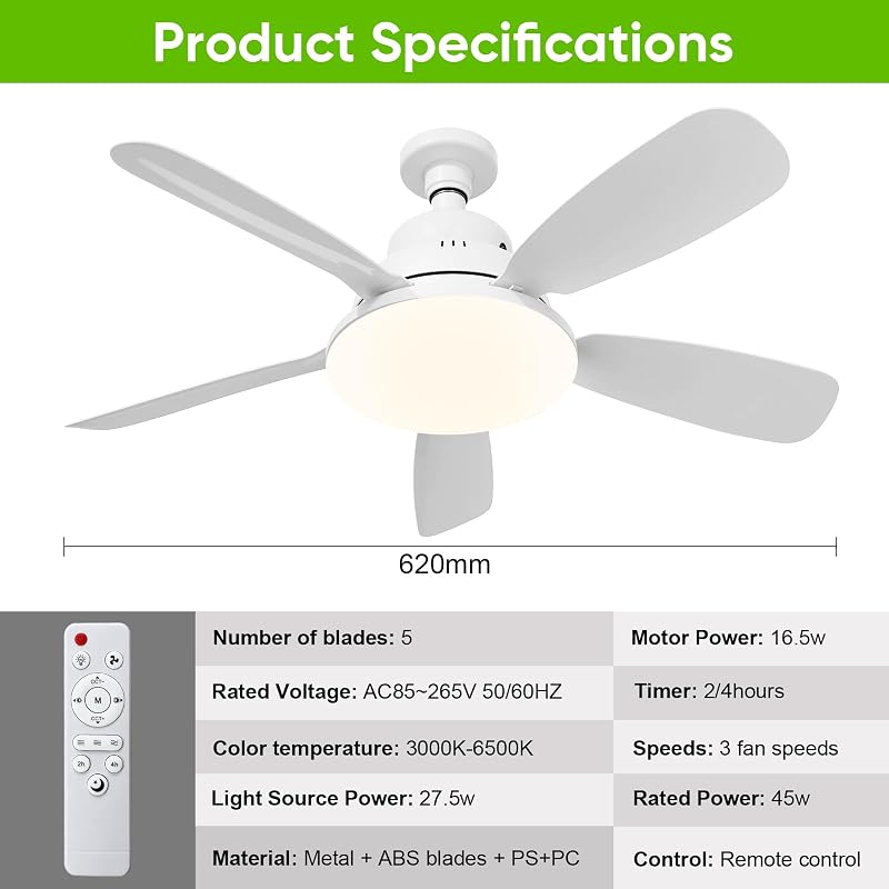 Ventilateur de Plafond avec Lumière et Télécommande, 62CM 45W Petit Ventilateur LED Dimmable, 3 Couleurs 3000-6500K, 3 Vitesses, Minuterie, Douille E27 pour Chambre, Cuisine, Salle de Bain