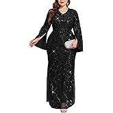 TIARALY Plus Size Formal Dresses Long Flared Sleeve V-Neck Evening Gowns Wedding Guest Sequin Embroidery Prom Maxi Dress