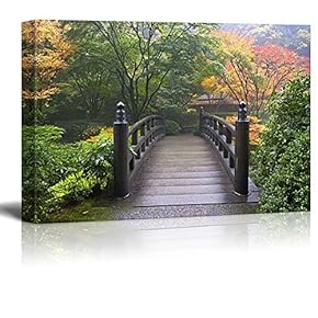 Bridge on a Japanese Garden Surrounded by Trees - Canvas Art Home Art - 12x18 inches