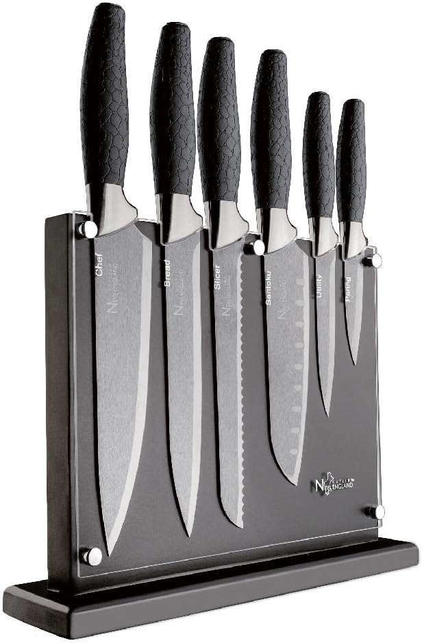 New England Cutlery 7-Piece Titanium Coated Knife Block Set - Silver