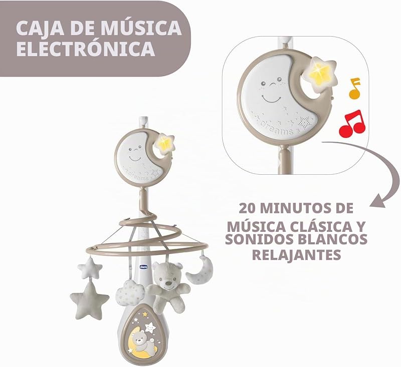 Chicco next2dreams carousel baby mobile - 3 em 1 compatível com berço next2me ou mini berços para dormir juntos / viagens, efeitos sonoros, projetor de luz noturna e música clássica, 0m +, cinza