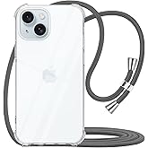YESPURE for iPhone 15 Case Clear Case for Women Adjustable Neck Cord Lanyard Strap Cover Transparent Soft Bumper TPU Shockproof Anti-Yellowing Protective Case Cover for iPhone 15 - Gray