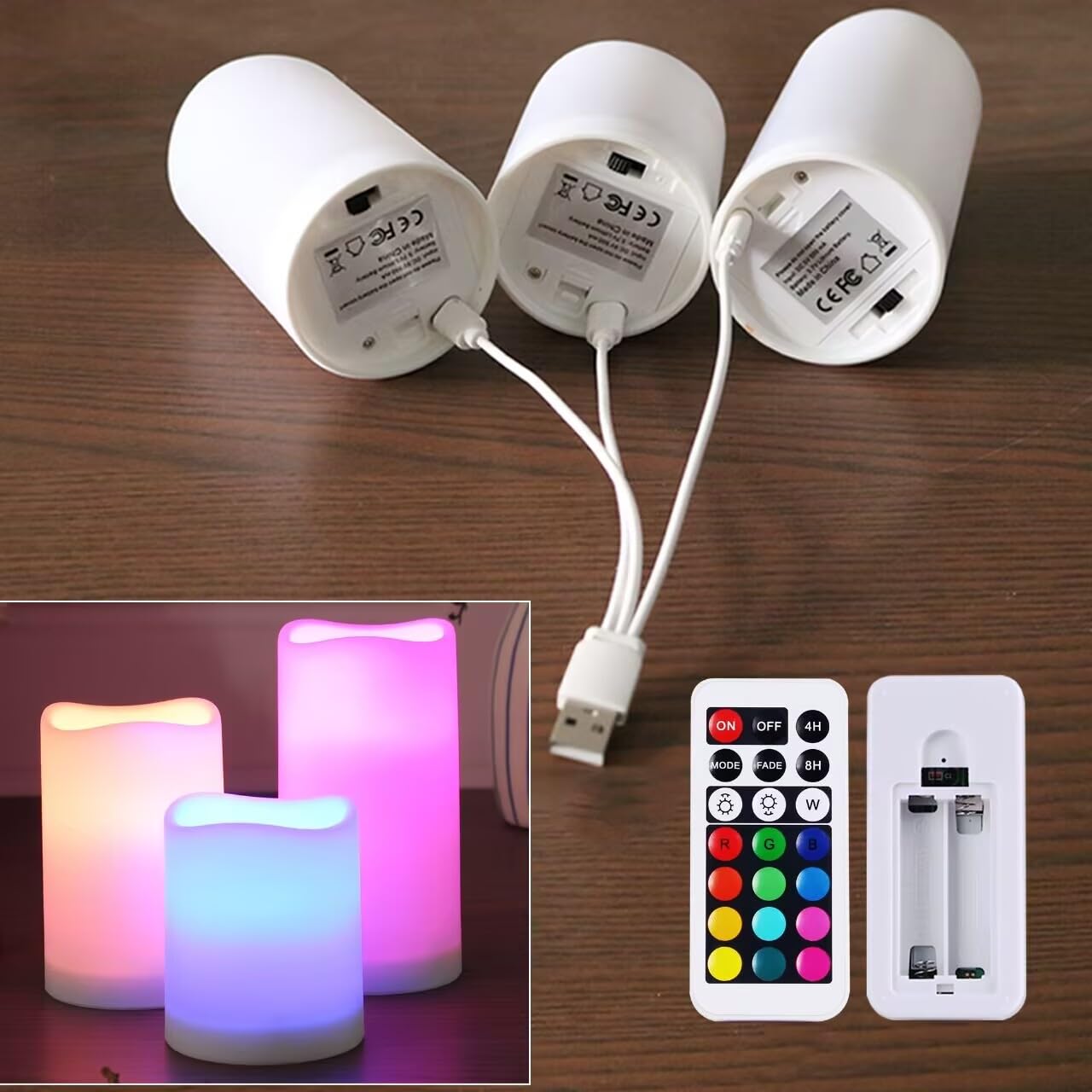 WRalwaysLX 3pack USB TypeC Rechargeable LED Pillar cands with Remote Control, Dia2.5,H3 4" 5",Color Changing…