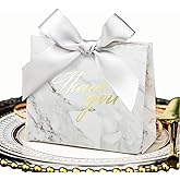 20Pcs Thank You Small Gift Paper Bags Silver Cardboard Wedding Birthday Candy Box Thank You Favor Bag 4x4.5x1.8Inches with Bow Ribbon Easter EID Party Girls Celebrations Present Wrap Supply