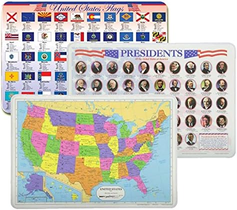 USA Placemats Set: Presidents, USA Map, State Flags (3 Wipe-Off Placemats)