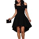 Sidefeel Women Off Shoulder Sleeve High Low Skater Dress X-Large Black