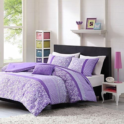 Teen Girl Comforter Sets Purple Lavender Lilac Bedding Flower Paisley Polka Dot Design with Embroidered Pillow Includes Bonus Sleep Mask From Designer Home (Twin/Twin XL)
