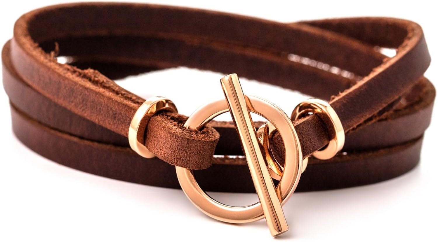 Rose gold Leather Bracelet for woman Leather Wrap Bracelet with Toggle Clasp and genuine leather handmade bracelet (Brown): Clothing