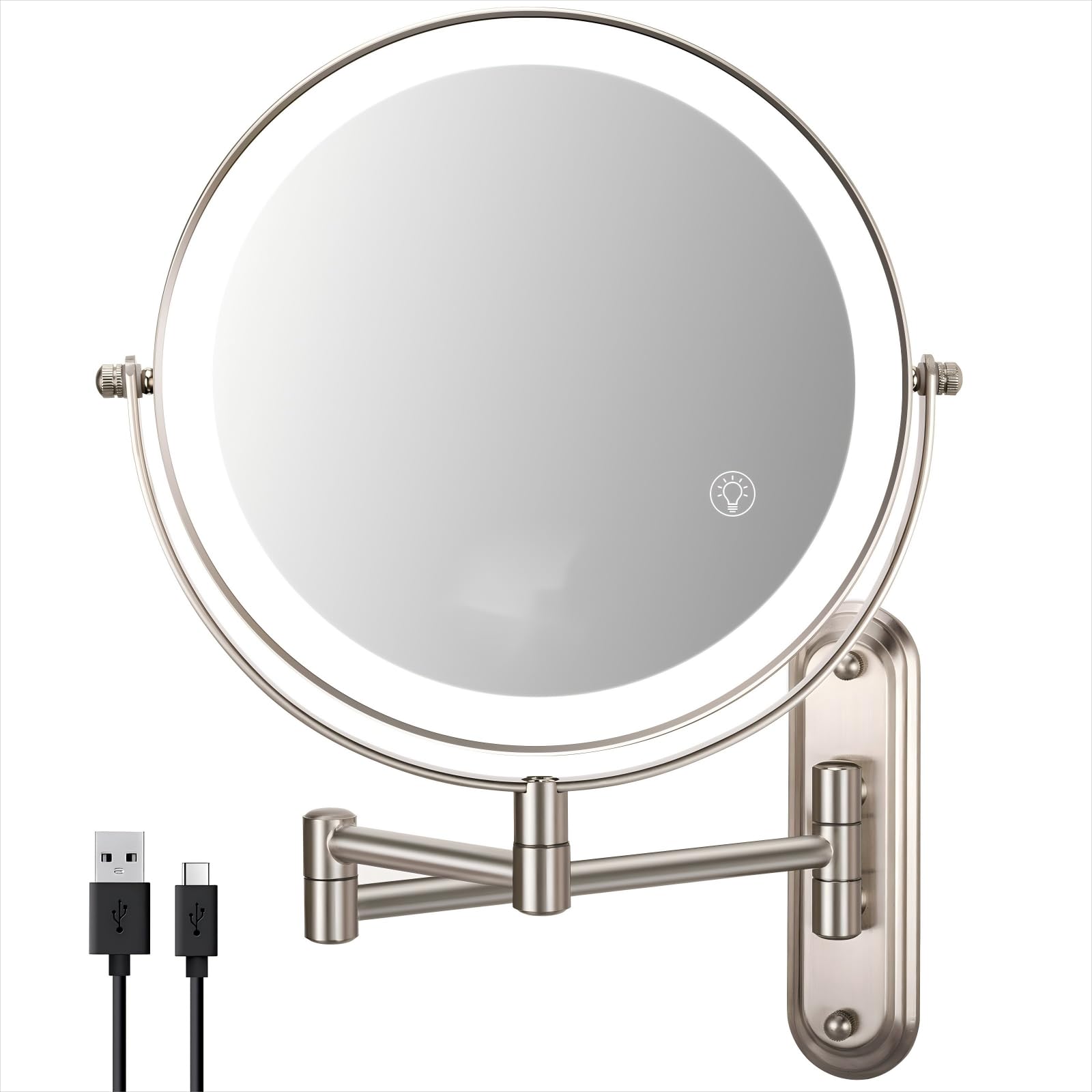 Photo 1 of 30X Wall Mounted Makeup Mirror with Lights,3 Color Modes Dimmable & Adjustable Double Side, Bathroom Vanity Makeup Mirror with 360 Rotation Extendable Swivel Arm,Magnifying Mirror - Brushed Nickel