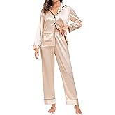SWOMOG Womens Silk Satin Pajamas Loungewear Two-piece Sleepwear Button-Down Pj Set
