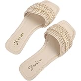 Verdusa Women's Boho Pearls Flat Sandals Beach Vacation Square Open Toe Slip on Slides