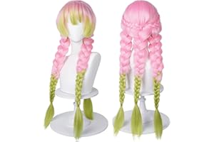 WIGGY MERMAID SL Mitsuri Cosplay Wig for DS, Long Pink Green Braid Wig Anime Hair Pigtails Wigs with Cap for Halloween Costume Party