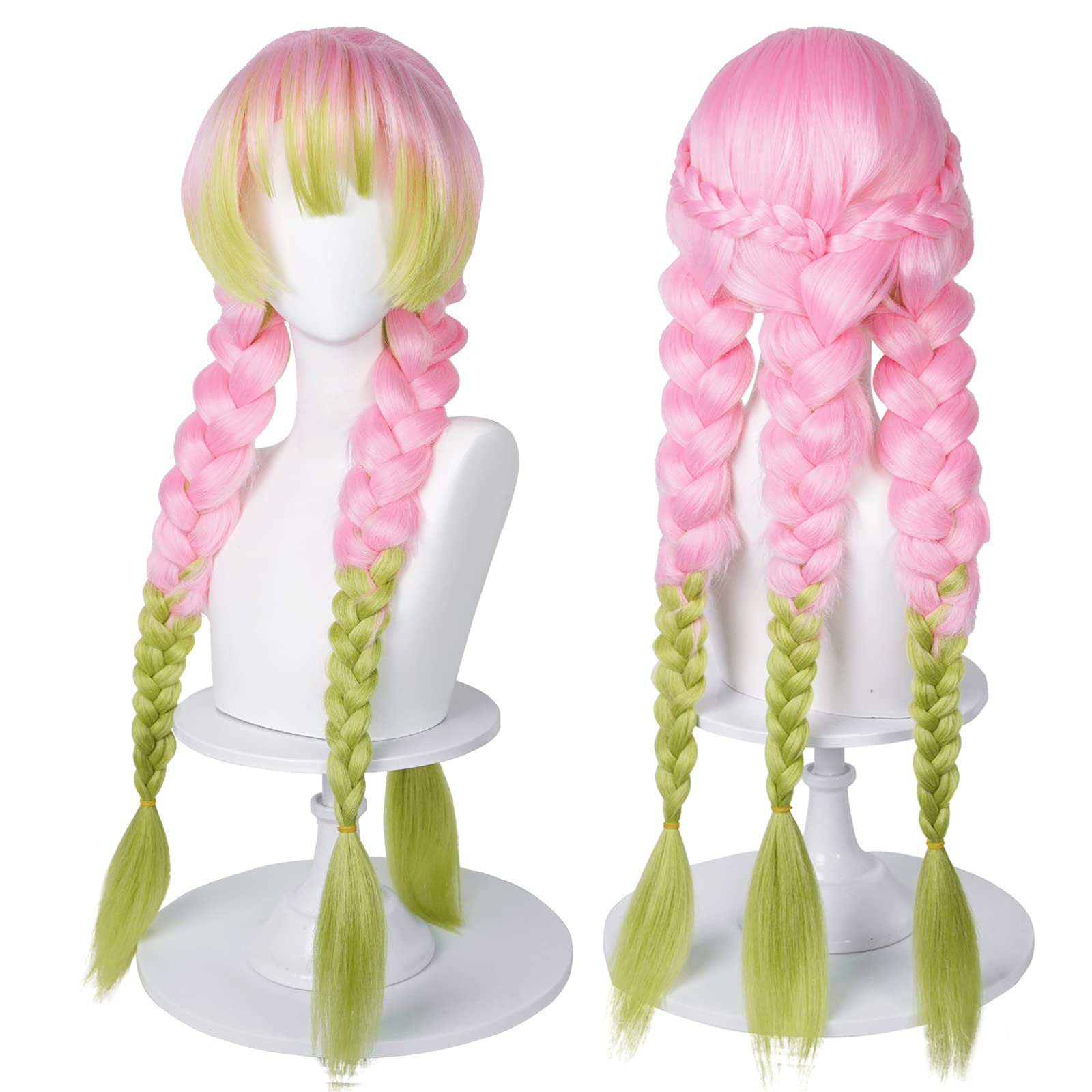 Photo 1 of SL Mitsuri Cosplay Wig for DS, Long Pink Green Braid Wig Anime Hair Pigtails Wigs with Cap for Halloween Costume Party