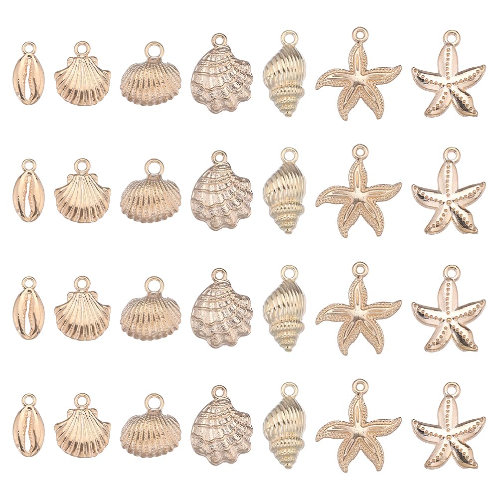 SUNNYCLUE 1 Box 28Pcs Shell Charms Starfish Charms Bulk Summer Hawaii Ocean Conch Seashell Charm Light Gold Alloy Sea Animal Holiday Charm for jewellery Making Charme DIY Earrings Bracelets Supplies