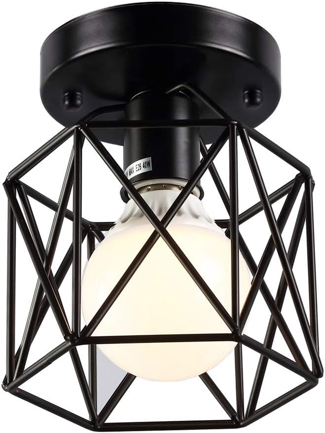 Rustic Flush Mount Ceiling Light,Metal Retro Industrial Flush Mount Ceiling Pendant Light Fixture for Hallway Kitchen Bedrooom,Black