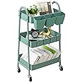 danpinera 3-Tier Rolling Cart, Metal Rolling Storage Cart with Lockable Wheels & Hanging Cups & Hooks, Mobile Trolley for Kitchen, Bathroom, Office, Workshop, Green