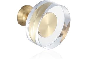 Guank 6-Pack 1-1/4-Inch White Cabinet Glass Crystal Brass knobs Brass Drawer Round Knobs Dresser Pulls, Gold Hardware Kitchen Closet knobs for Bifold Doors