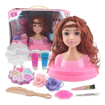 Leoie Makeup Doll Head Girls Playset with Beauty and Fashion Accessories [Standard] Big Wave roll Without Bangs