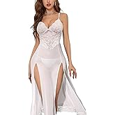 Foxiny Sexy Split Mesh Lace Floral Sheer Babydoll Lingerie Outfit Dress 2 Piece with Thong Set