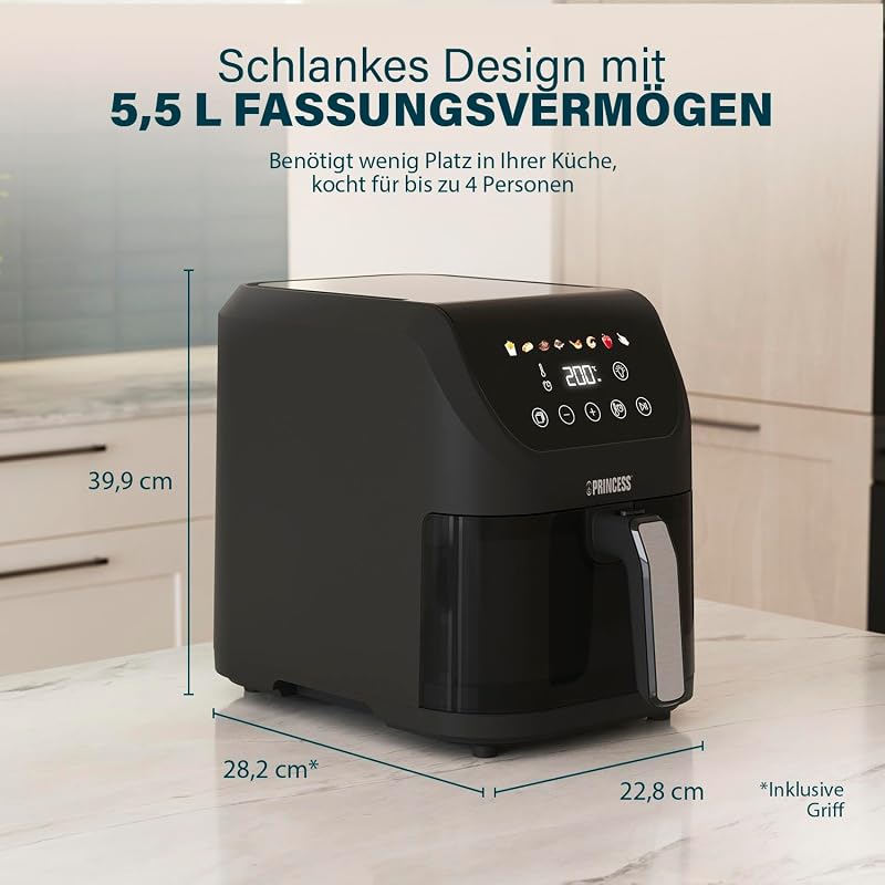 SlimFry Airfryer, 8L Fassungsvermögen, 2000W, 8 Programme, Digitales Touchscreen, Einstellbare Temperatur, Sichtfenster, Automatische Abschaltung, Spülmaschinenfest, 182257