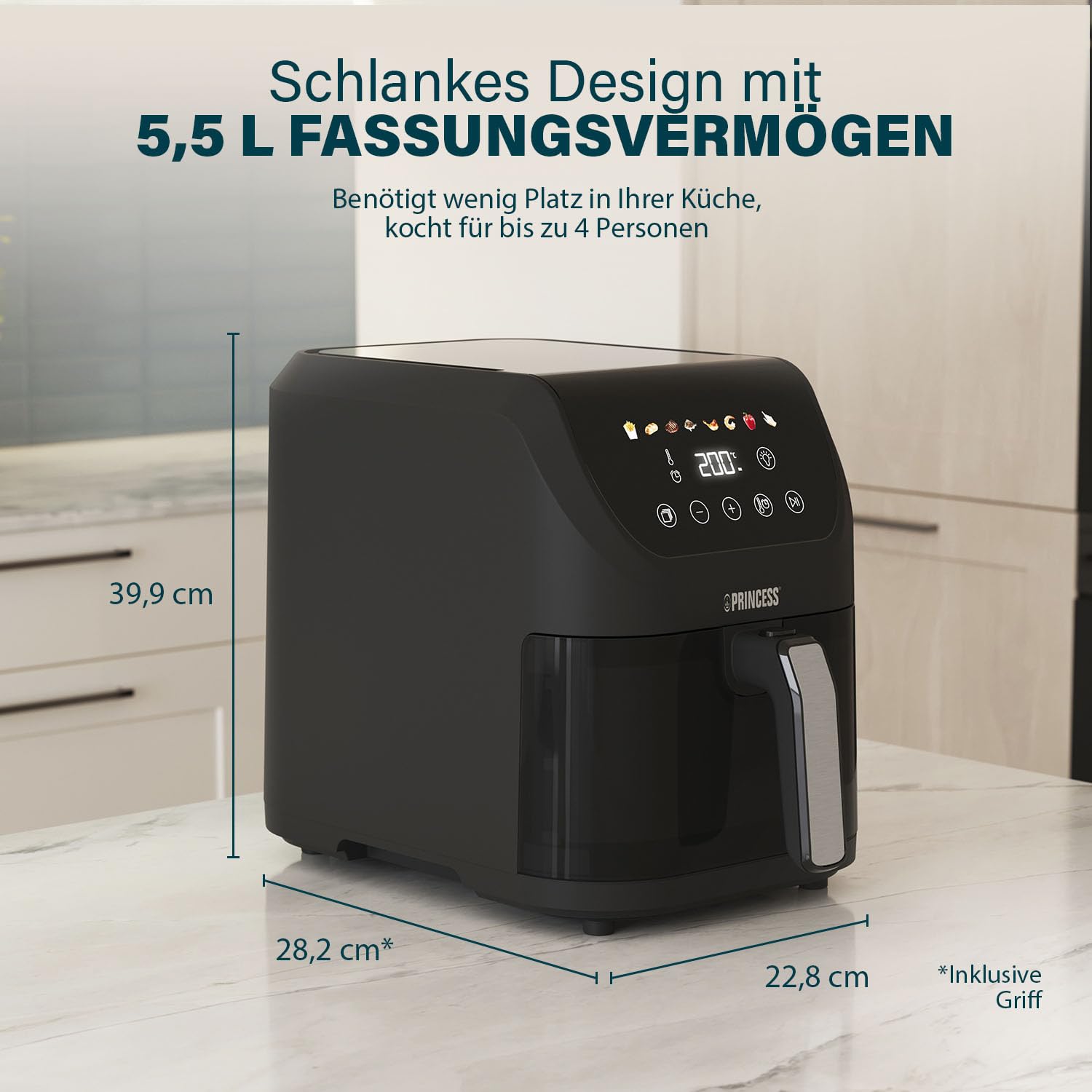 Princess SlimFry Airfryer, 8L Fassungsvermögen, 2000W, 8 Programme, Digitales Touchscreen, Einstellbare Temperatur, Sichtfenster, Automatische Abschaltung, Spülmaschinenfest, 182257 2