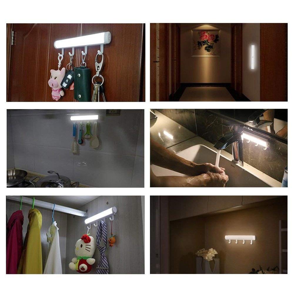 Battery Operated LED Lights, Uhomely 12 LEDs Auto on off Motion Sensor Intelligent Lighting Human Sensor Light for Wall Closet Cabinet, Stairs, Drawer, Wardrobe ect. 2 in 1 light with Hooks Adhesive -- Pure White, Pack of 2